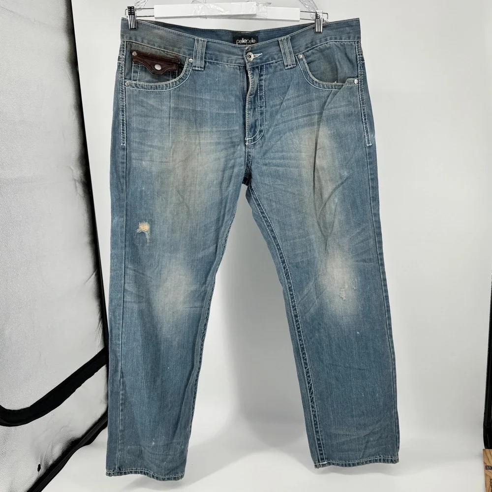 Pelle Pelle Distressed Jeans Mens 42x34‎ leather pocket Baggy Hip Hop Vintage